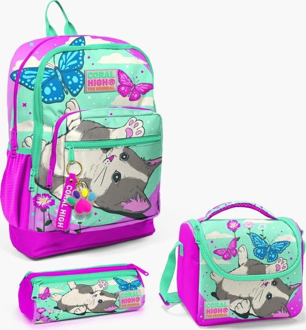 Coral High Kids Su Yeşili Pembe Kedi Desenli 3’lü Okul Çanta Seti SET0123707 - Image 1
