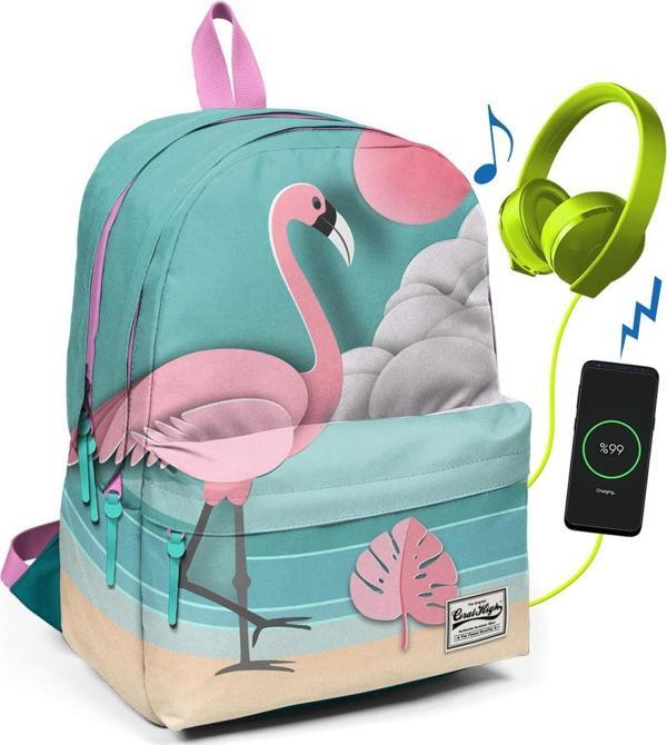 Coral High Yeşil Flamingolu Üç Bölmeli USB Şarjlı Kulaklık Çıkışlı Sırt Çantası 23423 - Image 1