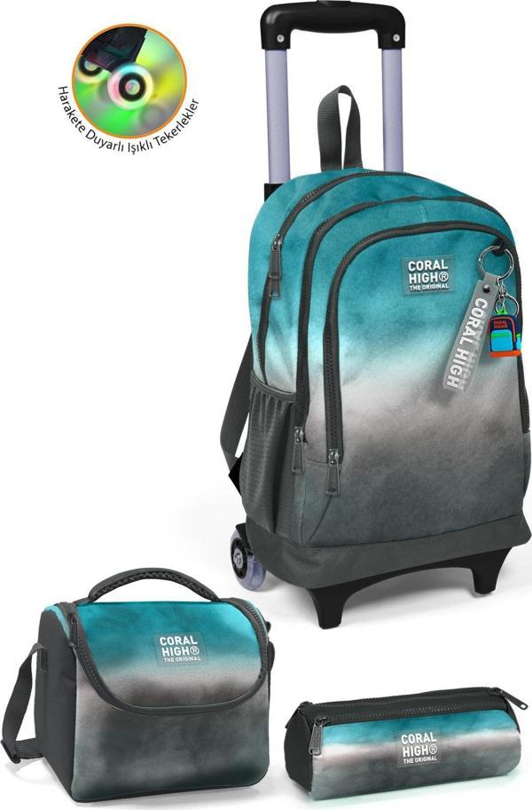 Coral High Kids Turkuaz Gri Batik Üç Bölmeli Çekçekli 3'lü Çanta Seti SET0123968 - Image 1
