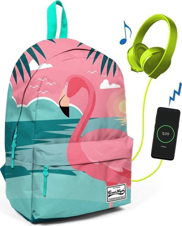 Coral High Yeşil Mercan Flamingolu İki Bölmeli USB Şarjlı Kulaklık Çıkışlı Sırt Çantası 23431 - Image 1