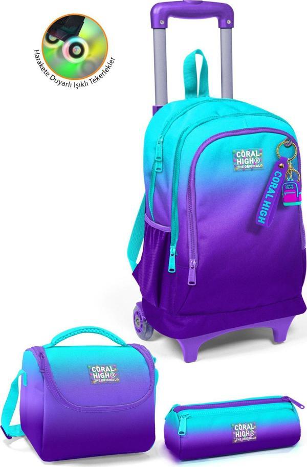 Coral High Kids Turkuaz Mor Renk Geçişli Üç Bölmeli Çekçekli 3'lü Çanta Seti SET0123963 - Image 1