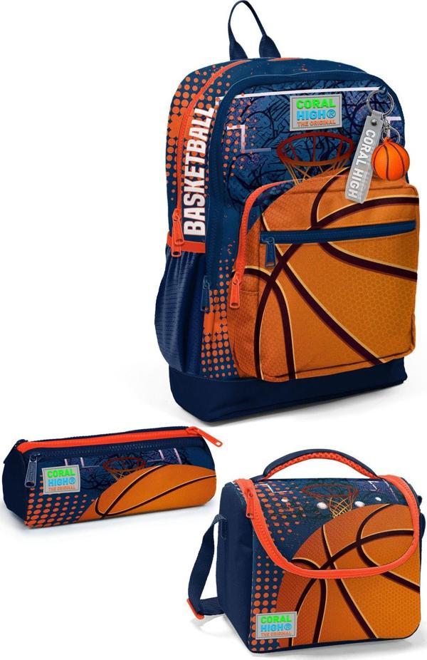 Coral High Kids Turuncu Lacivert Basketbol Desenli 3’lü Okul Çanta Seti SET0123766 - Image 1