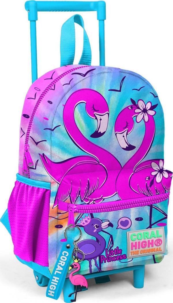 Minik Yuva Çekçekli Sırt Çantası Mavi Pembe Flamingo Desenli İki Bölmeli 24030 - Image 1