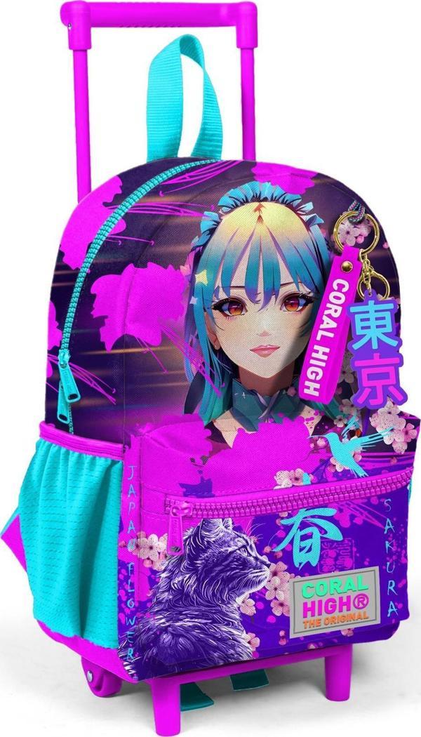 Minik Yuva Çekçekli Sırt Çantası Mor Pembe Anime Kedi Desenli İki Bölmeli 24053 - Image 1