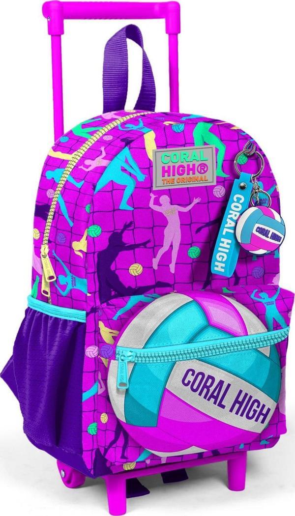 Minik Yuva Çekçekli Sırt Çantası Pembe Mor Voleybol Desenli İki Bölmeli 24061 - Image 1