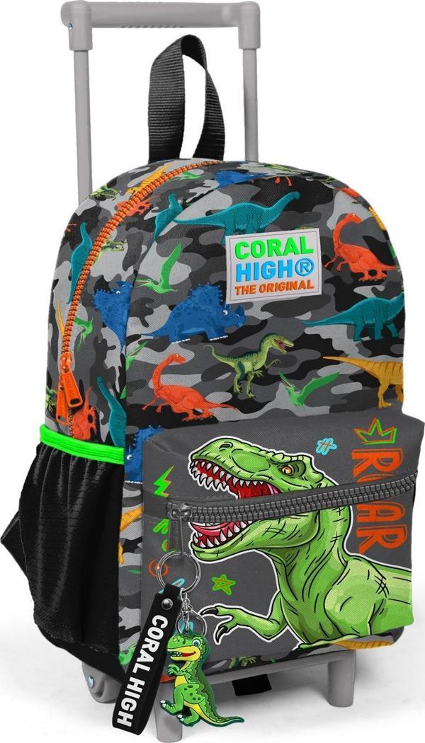 Minik Yuva Çekçekli Sırt Çantası Siyah Gri Dinozor Desenli İki Bölmeli 24044 - Image 1