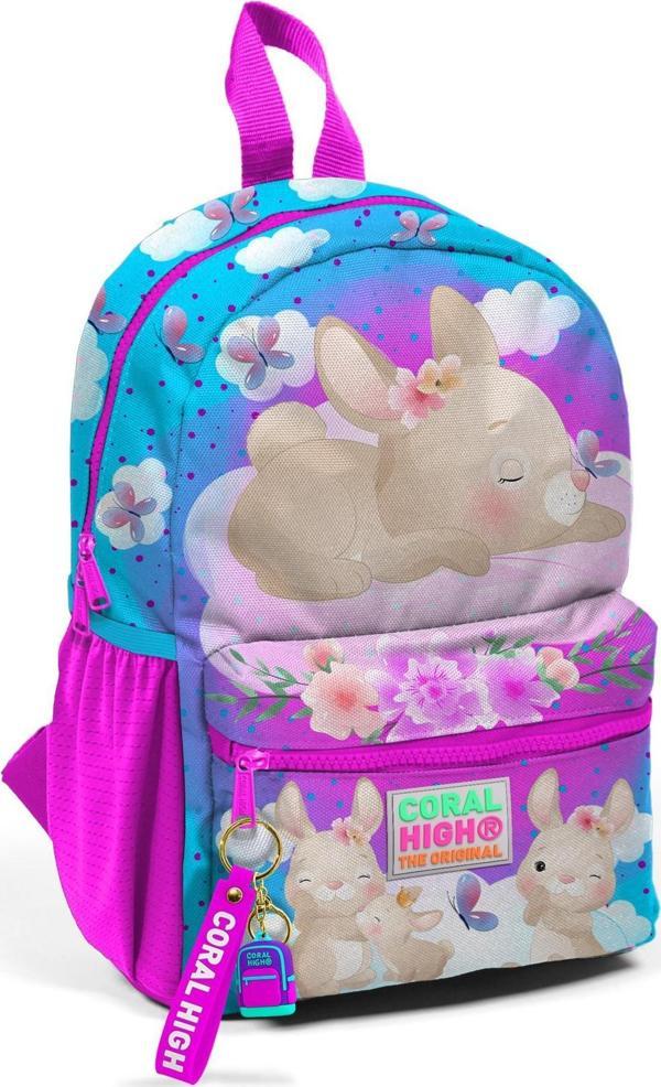 Minik Yuva Sırt Çantası Mavi Pembe Tavşan Desenli İki Bölmeli 23536 - Image 1