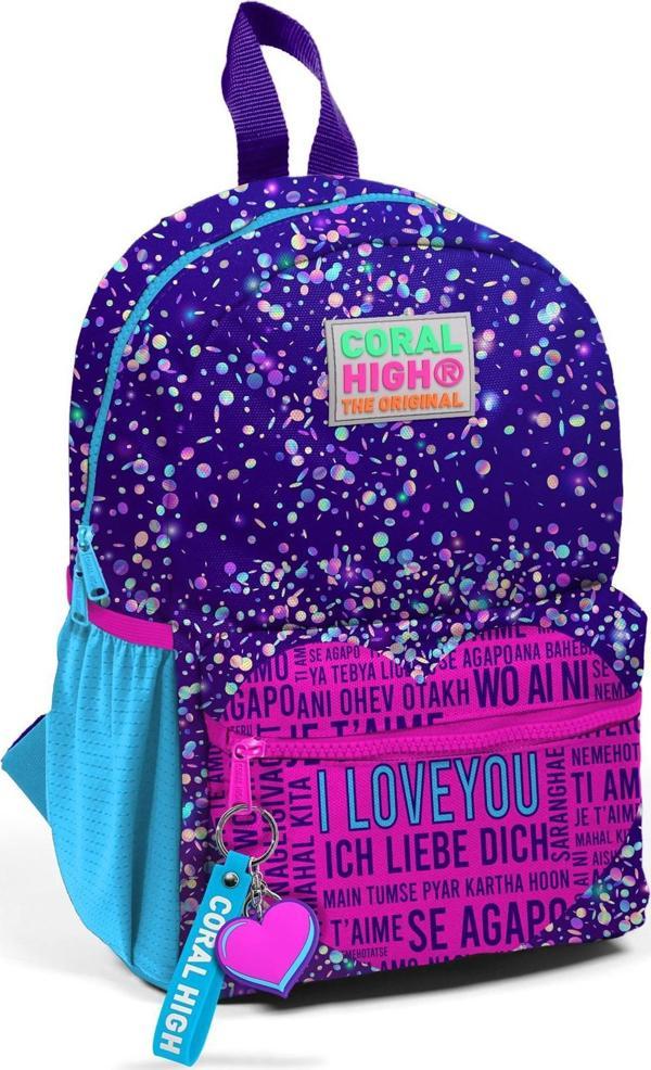 Minik Yuva Sırt Çantası Mor Mavi Pembe Kalp Desenli İki Bölmeli 23540 - Image 1