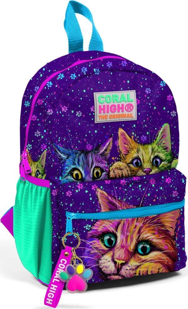 Minik Yuva Sırt Çantası Mor Pembe Kedi Desenli İki Bölmeli 23532 - Image 1