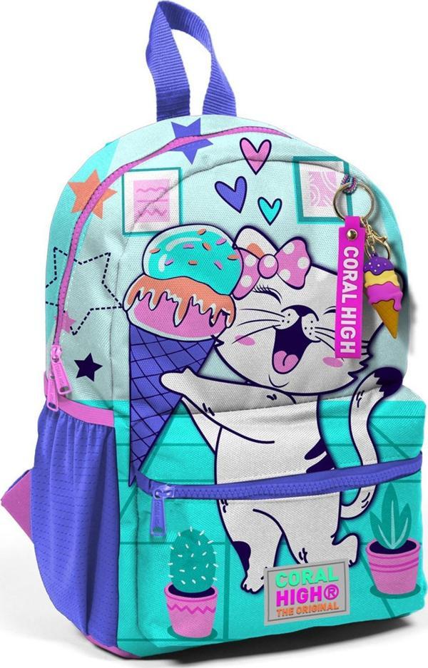 Minik Yuva Sırt Çantası Turkuaz Pembe Dondurmalı Kedi Desenli İki Bölmeli 23551 - Image 1