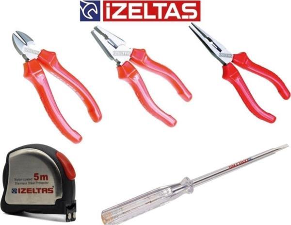 İzeltaş 5 Parça El Aleti Seti Pense + Yankeski + Kargaburun + 5 Mt+ Kontrol Kalemi 190 Mm Düz Uçlu - Image 1