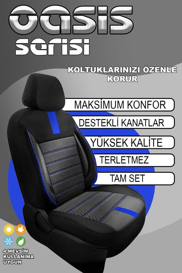 Nice Shop Oasis Serisi Pamuklu Dokuma Kumaş Deri Detaylı Oto Koltuk Kılıfı Ön Arka Tam Set - Image 1