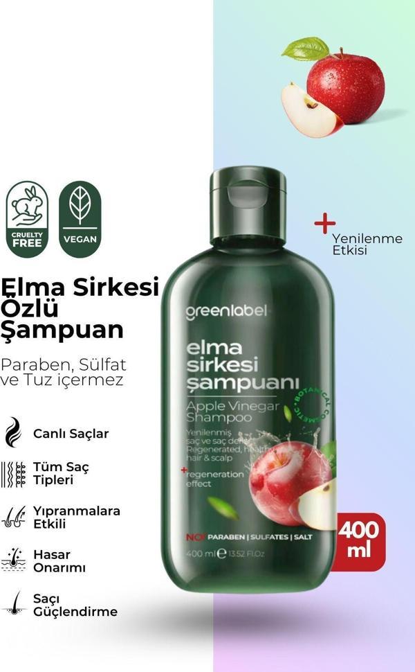 Green Label Elma Sirkesi Özlü Tuzsuz Parabensiz Sülfatsız Prebiyotikli Yenileyici Ve Arındırıcı Şampuan 400Ml - Image 1