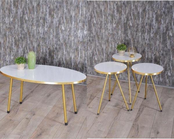 Gold Falez Zigon Sehpa ve Orta Sehpa Elips Gold Metal Ayak Gold Beyaz Set - Image 1