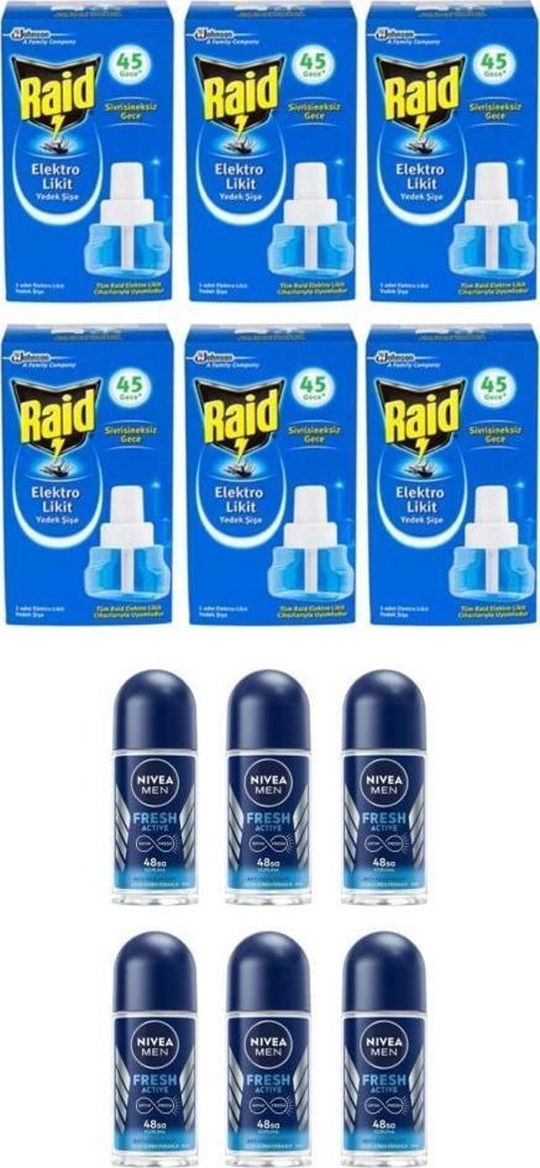 Raid Elektrolikit Sinek Kovucu Yedek Şişe 45 Gece 6 Adet+Nivea Rollon Fresh Active 25 Ml 6 Adet - Image 1