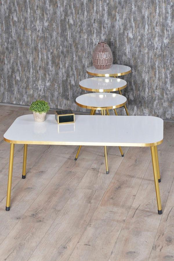 Gold Falez Zigon Sehpa ve Orta Sehpa Kr Gold Metal Ayak Gold Beyaz Set - Image 1