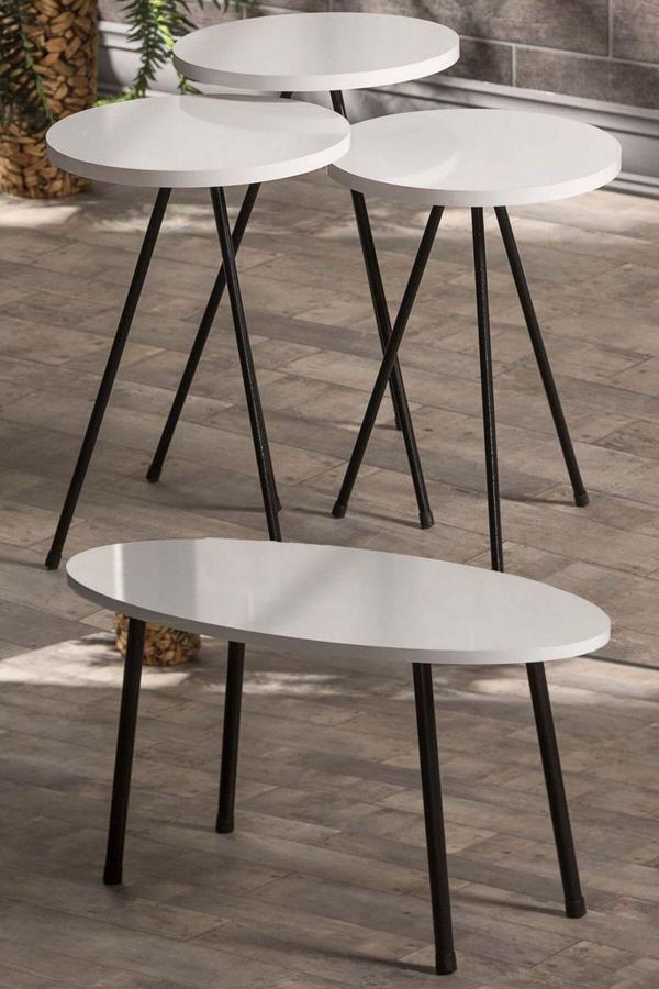 Gold Falez Zigon Sehpa ve Orta Sehpa Set Metal Elips Beyaz - Image 1