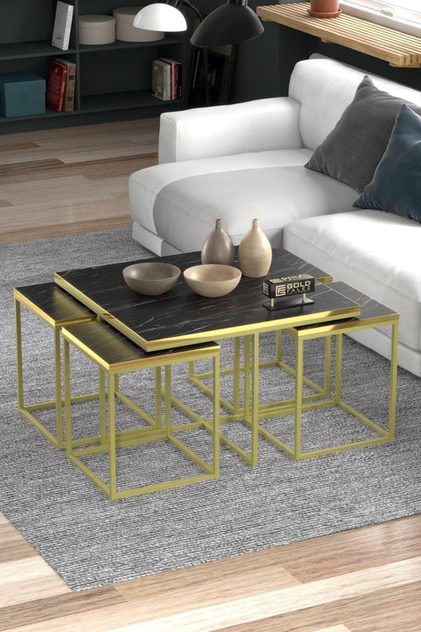 Gold Falez Orta Sehpa ve Zigon Sehpa 5'li Lüx Set Altın Bendir - Image 1