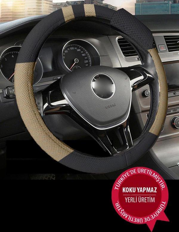 Nice Shop Premium Lüks Geçmeli Direksiyon Kılıfı Kokusuz 38-40 Cm Suni Deri- Bej - Image 1
