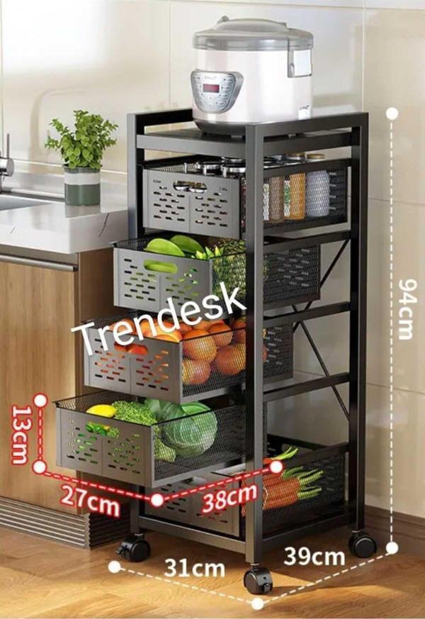 Trendesk 5 Katlı Metal Siyah Çok Amaçlı Patates Soğan Sebze Meyve Sepeti Sebzelik Tekerlekli - Image 1