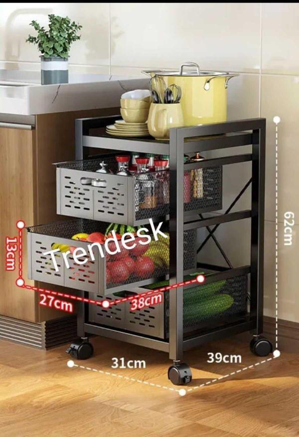 Trendesk 3 Katlı Metal Siyah Çok Amaçlı Patates Soğan Sebze Meyve Sepeti Sebzelik Tekerlekli - Image 1