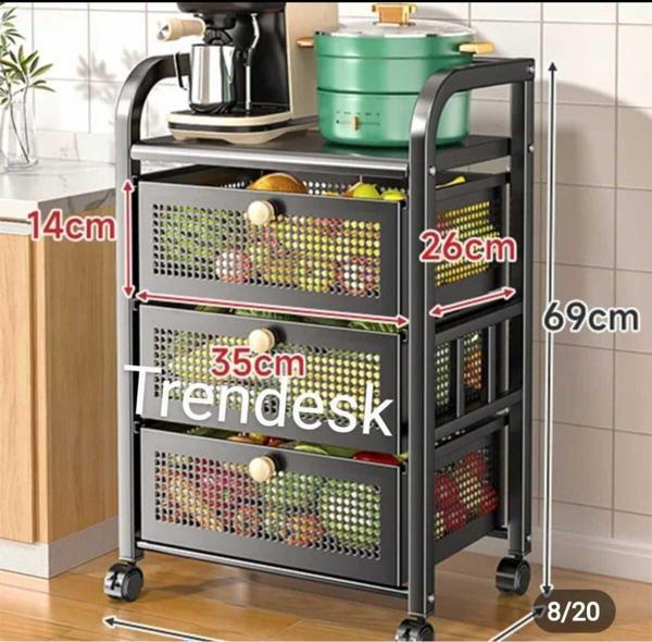 Trendesk 3 Katlı Metal Siyah Çekmeceli Tekerlekli Patates Soğan Sepeti Sebze Meyve Sepeti Sebzelik - Image 1
