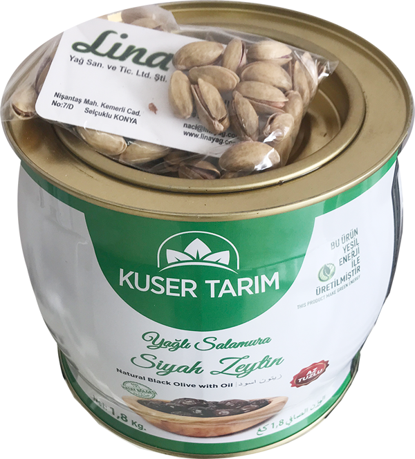 Kuser Tarım Yağlı Salamura Siyah Zeytin 290-320 1,8 kg + 50 gr Antep Fıstığı - Image 1
