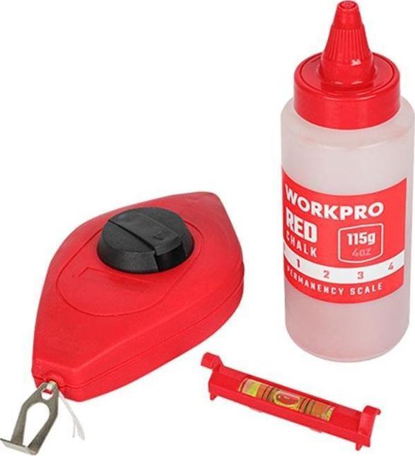 WORKPRO WP329019 Çizim İpi Seti 115gr Kırmızı Çizim İpi Boyası + Mini Su Terazisi + 30M Çizim İpi - Image 1