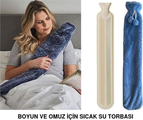 SICAK SU TORBASI BOYUN VE OMUZ ICIN  UZUN PELUŞ MAVİ PONPONLU 2LT TERMOFOR 75x13CM - Image 1