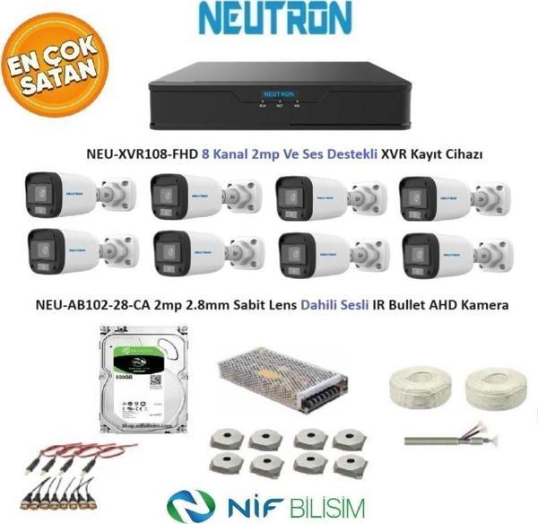 Neutron 2mp 8 kameralı Sesli Dış ortam AHD Full Kamera Seti 500GB Disk NEU-XVR108-FHD NEU-AB102-28-CA - Image 1