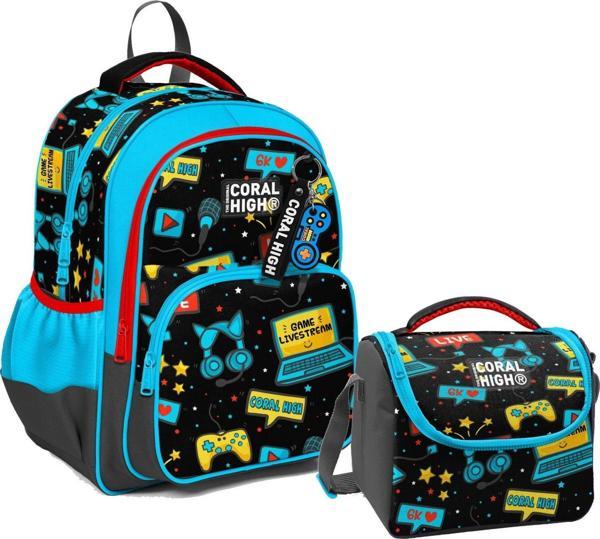 Coral High Üç Gözlü İlkokul Çantası ve Beslenme Çantası - Siyah Mavi Gamer Desenli - Erkek Çocuk - Image 1