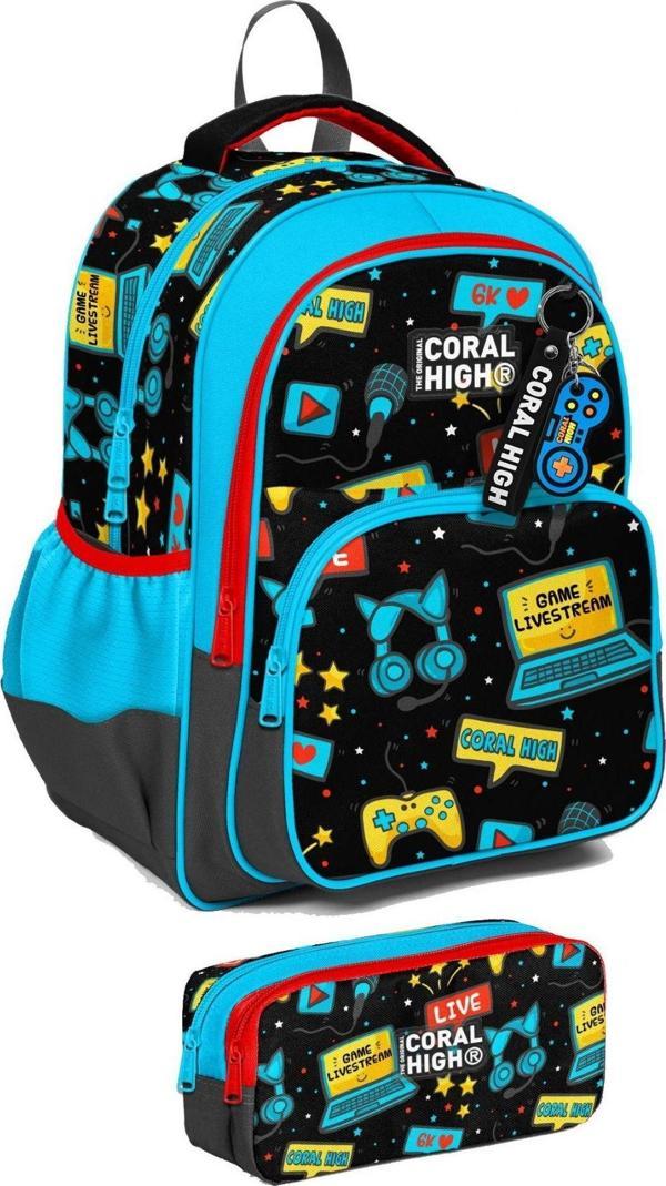 Coral High İlkokul Sırt Çantası ve Kalemlik Seti - Erkek Çocuk - Siyah Mavi Gamer - Image 1