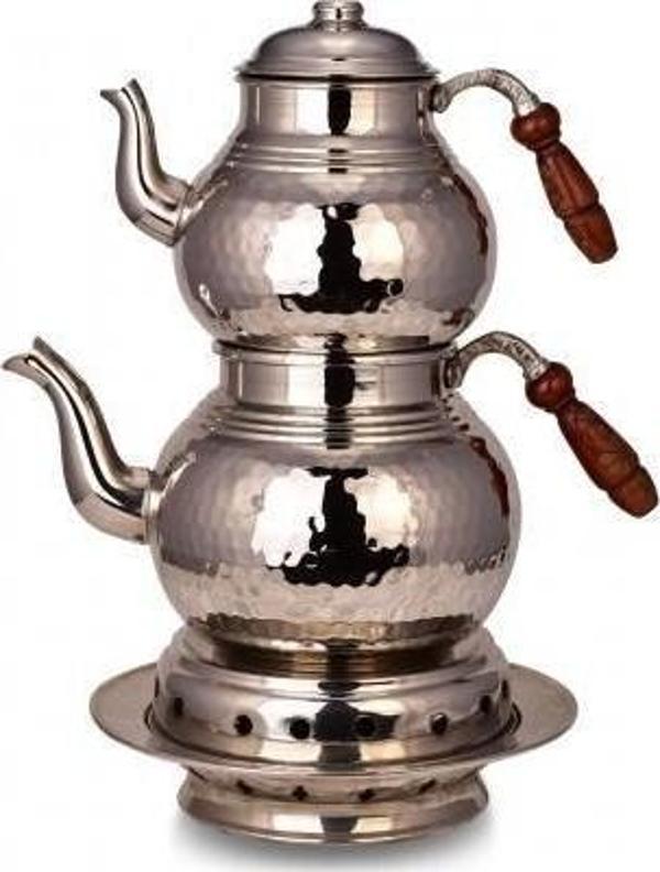 Turna Bakır Klasik Çaydanlık 3 No Isıtıcılı Takım El Dövme Nikel Turna1973-2 - Image 1