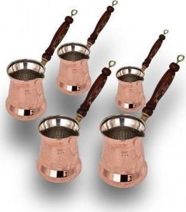 Turna Bakır Sultan Cezve 5'li Takım Kalın Ahşap Kulp Makine Dövme Kırmızı Turna1255-1 - Image 1