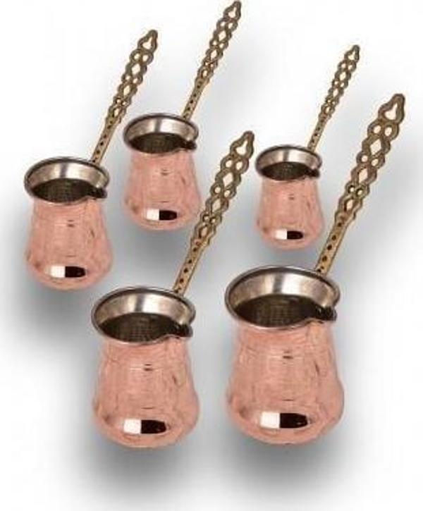 Turna Bakır Sultan Cezve 5'li Takım Kalın Pirinç Kulp Makine Dövme Kırmızı Turna1249-1 - Image 1
