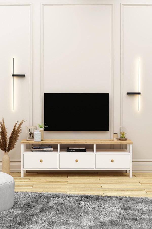 Remy Ahşap Kulplu Tv Ünitesi 150 cm Sepet-Beyaz Alt Modül - Image 1