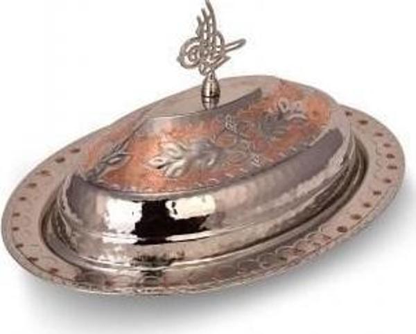 Turna Bakır Hanedan Klasik Kapak Kayık Sunum Tabağı 30 Cm El İşleme Kırmızı Beyaz Turna4424-7 - Image 1