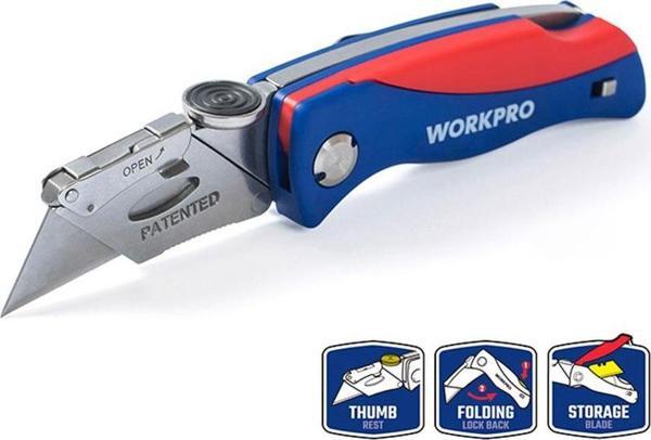 WORKPRO WP211006 Ağır Hizmet Paslanmaz Çelik Gövde Katlanır Rötuş Maket Bıçağı + 6 Adet Yedek Bıçak - Image 1