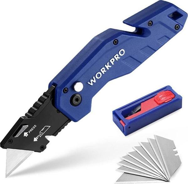 WORKPRO WP211008 Profesyonel Katlanır Çok Amaçlı Rötuş Maket Bıçağı + 10 Adet Yedek Bıçak - Image 1