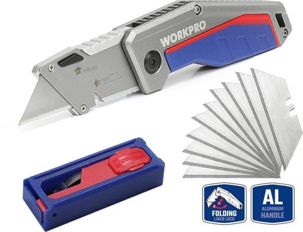WORKPRO WP211012 Ağır Hizmet Alüminyum Gövde Katlanır Rötuş Maket Bıçağı + 10 Adet Yedek Bıçak - Image 1