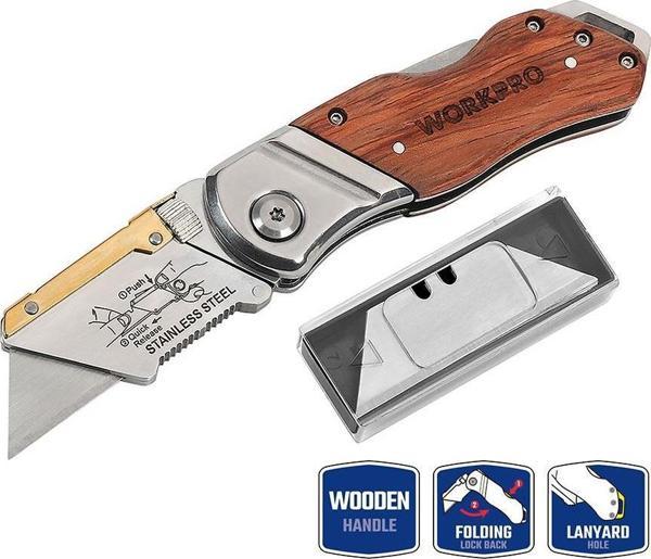 WORKPRO WP211014 Ağır Hizmet Paslanmaz Çelik/Ahşap Gövde Katlanır Rötuş Maket Bıçağı + 10 Adet Yedek Bıçak - Image 1