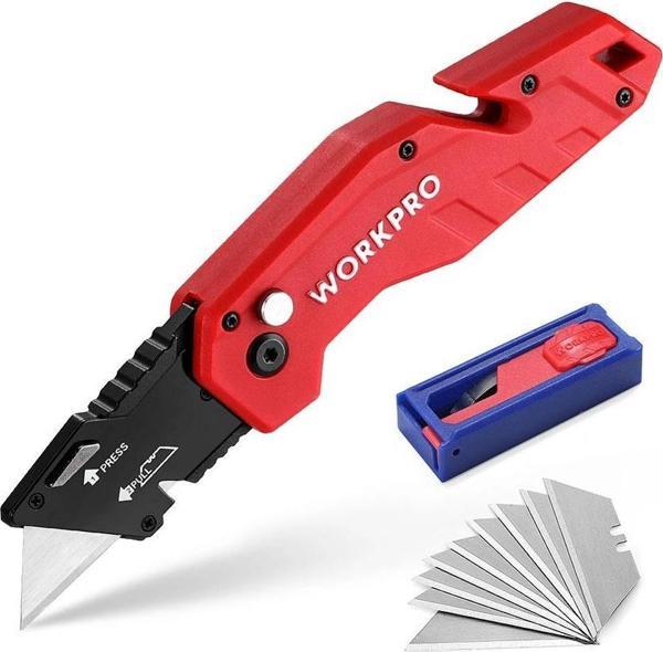 WORKPRO WP211018 Profesyonel Katlanır Çok Amaçlı Rötuş Maket Bıçağı + 10 Adet Yedek Bıçak - Image 1