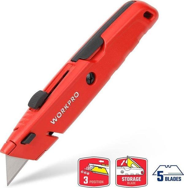 WORKPRO WP213009 Ağır Hizmet Alüminyum Gövde Geri Çekilebilir Rötuş Maket Bıçağı + 5 Adet Yedek Bıçak - Image 1