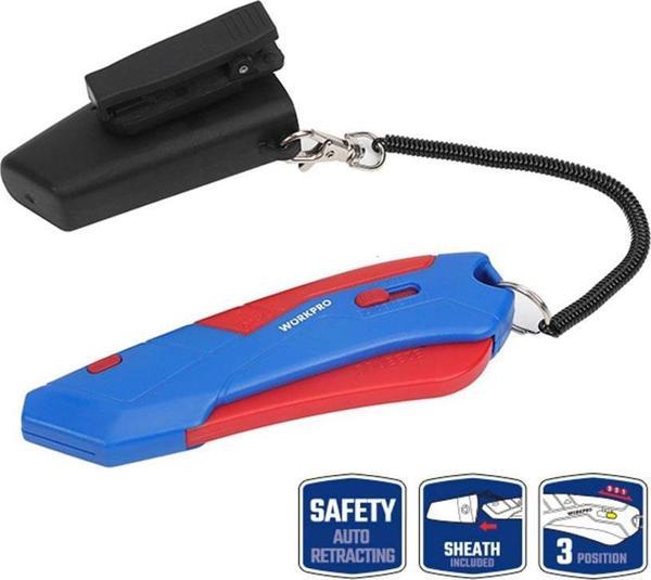 WORKPRO WP213010 Kemer Askı Kancalı Otomatik Geri Çekilebilir Mandallı Rötuş Maket Bıçağı + 3 Adet Yedek Bıçak - Image 1