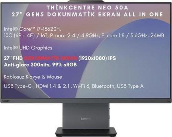 Lenovo Thinkcentre Neo 50A Gen5 Intel Core I7 13620H 32GB 1tb 27 Fhd Dokunmatik Ekran W11P AIO Bilgisayar 12SA0013TR  - Image 1