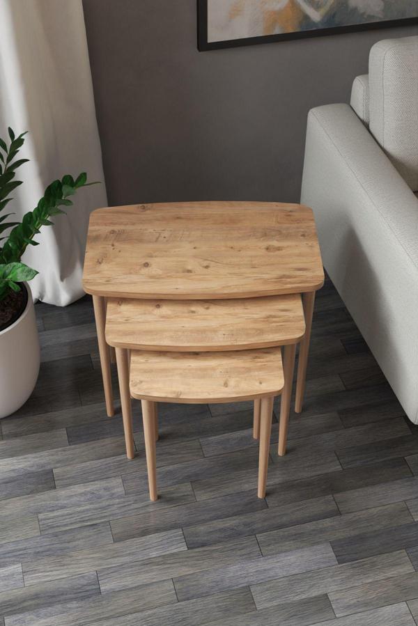 Astor Çam Zigon Sehpa Dikdörtgen 3'lü Set İç İçe Geçebilen Ahşap Ayaklı Çam Desen Yüzey 60Gx37Dx52Y - Image 1