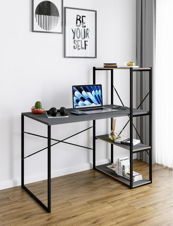Eportatif Kitaplıklı Çalışma Masası Bilgisayar Ofis Masası Füme 1423 - Image 1