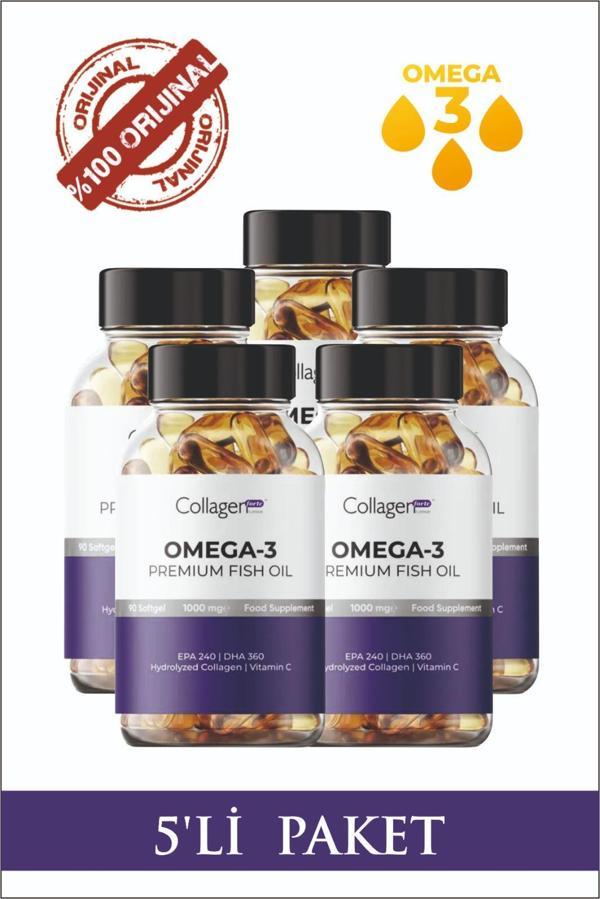 5 Adet Omega-3 Premium Fish Oil 90 Softgel X 1000mg, Balık Yağı, Hidrolize Kolajen - Image 1