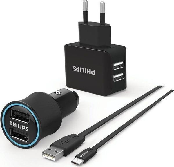 Philips Dlp2553Em Araç İçi Şarj Cihazı & Duvar Şarj Cihazı & Micro Usb Kablo Birarada Combo Ürün, Siyah - Image 1