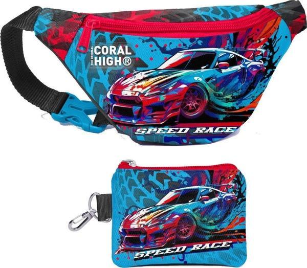 Coral High Erkek Çocuk Gri Mavi Yarış Arabası Desenli Bel Çantası ve Bozuk Para Cüzdanı Set - Image 1